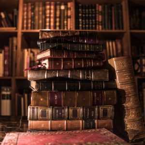 piled books on brown wooden shelf